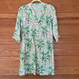 J.McLaughlhin linen tropical botanical floral pintuck front tunic mini dress